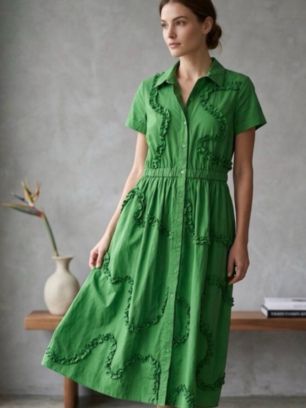 kate spade x Target Green Ruffle-Trim Button-Front Midi Dress